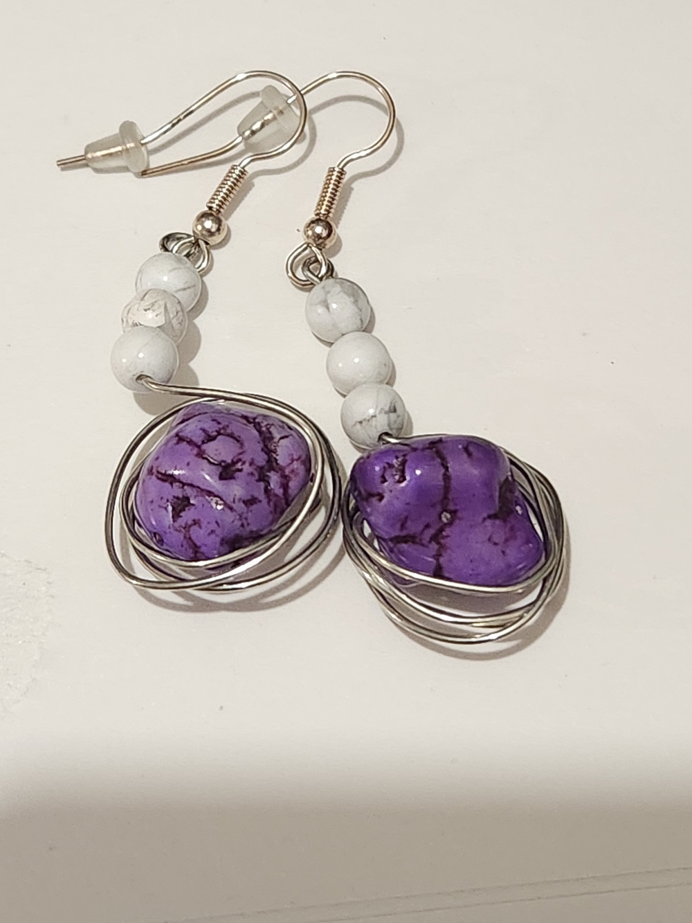 Dyed Purple Magnesite Stone Drop Earrings with Howlite Beads and Wire Wrapping